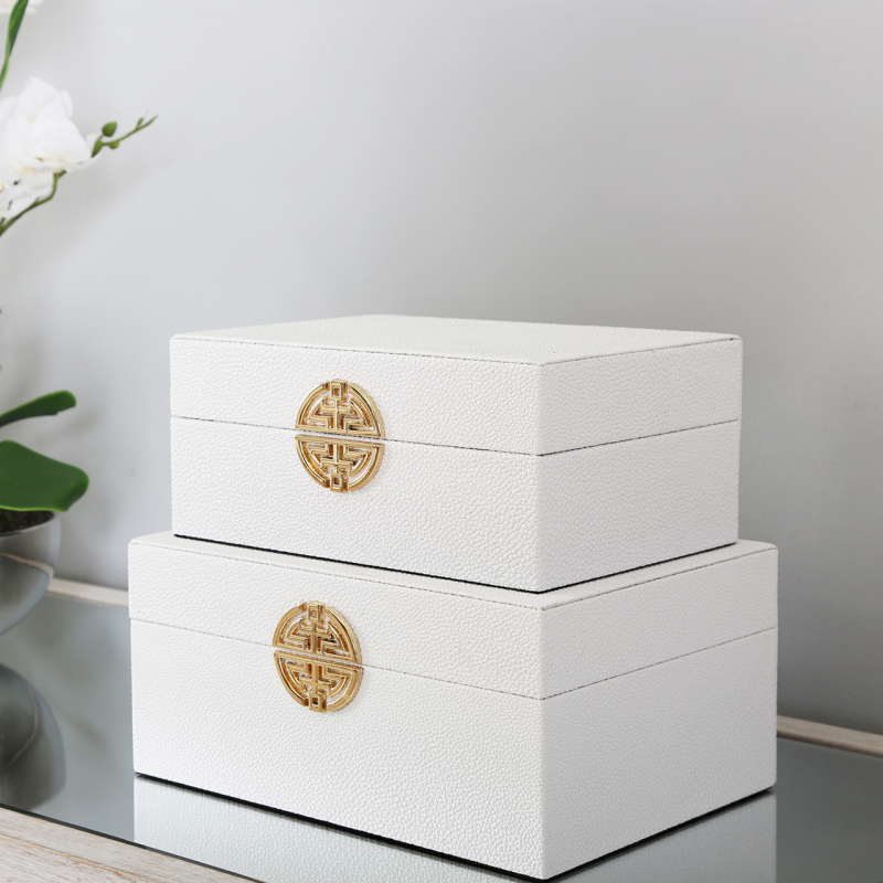 Set of Two Faux Leather White Storage Boxes
