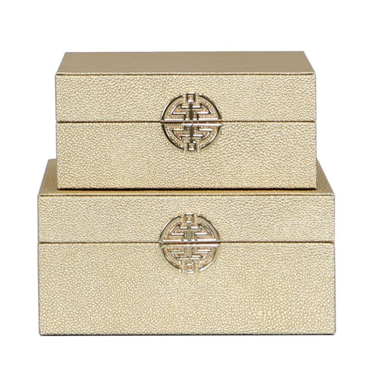 Set of Two Gold Faux Leather Storage Boxes with Gold Detail