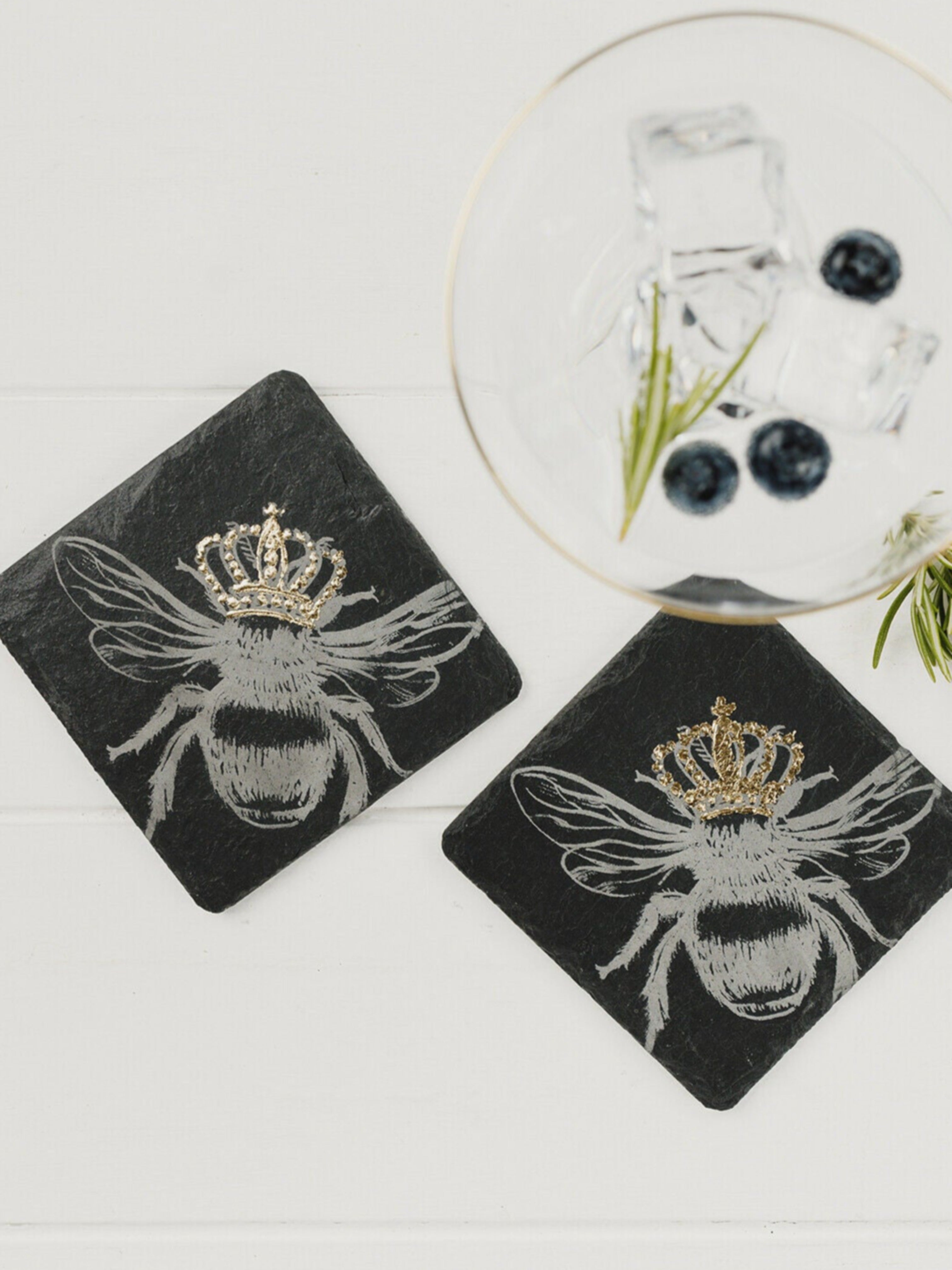 The Just Slate Company Set of Two Slate Gold Leaf Crowned Bee Coasters