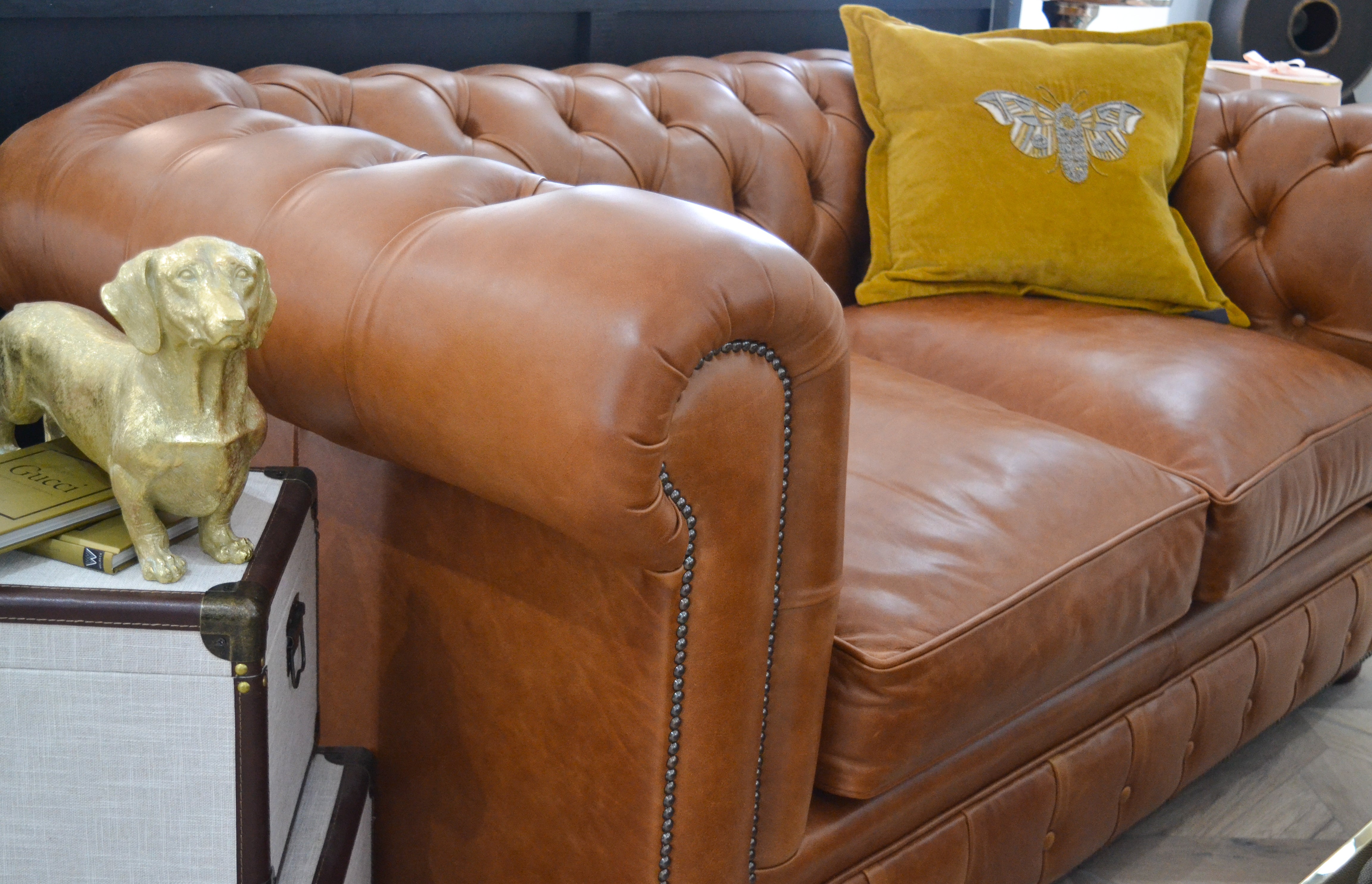 Brown Leather Buttoned Two Seater Chesterfield Sofa