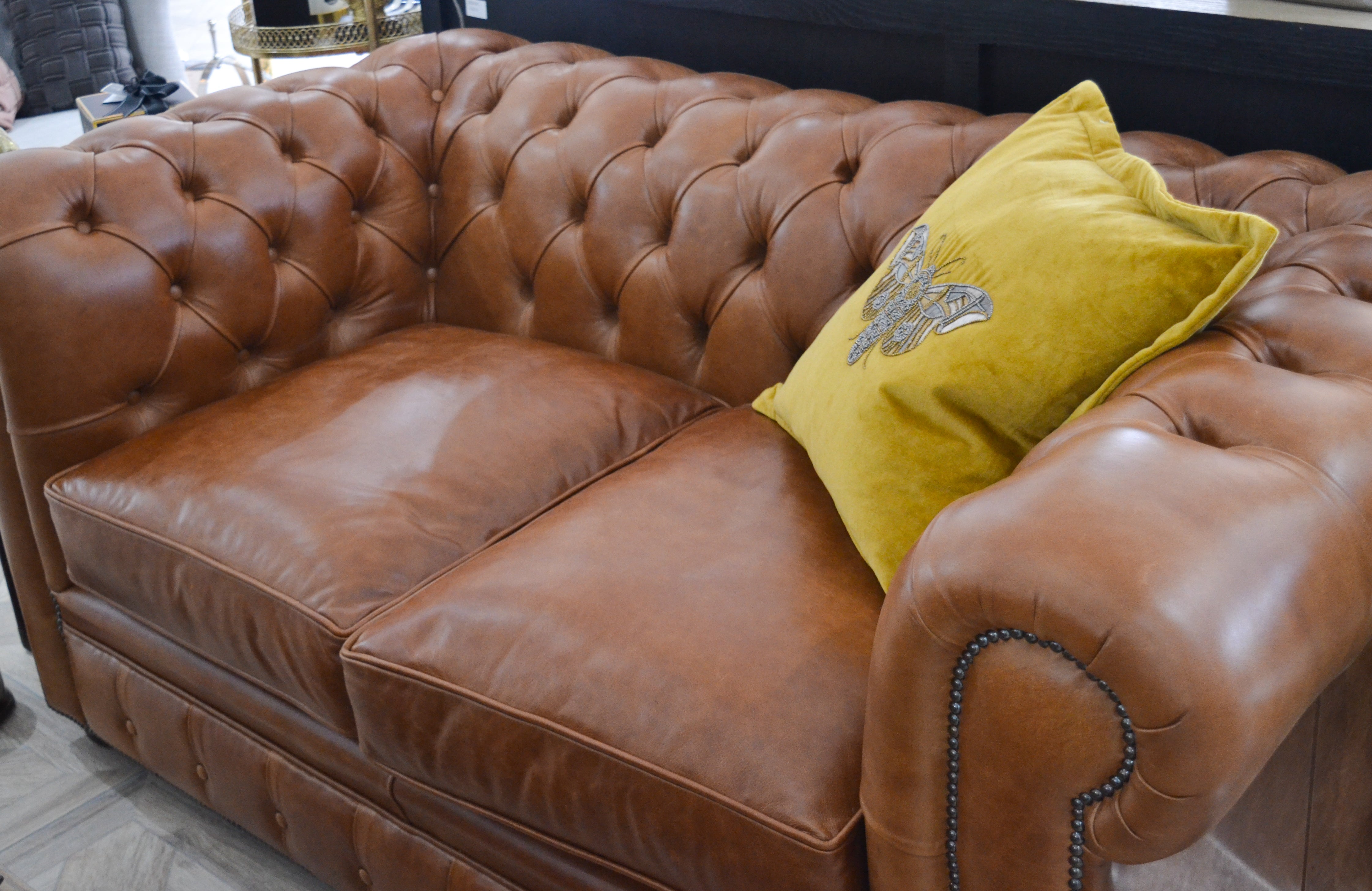 Brown Leather Buttoned Two Seater Chesterfield Sofa