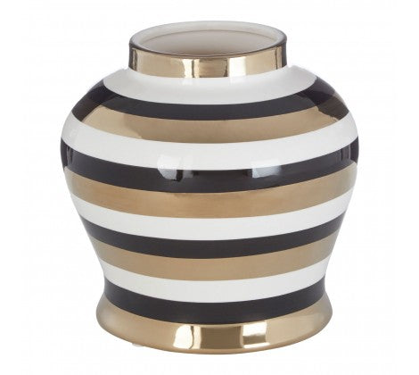 Black White and Gold Striped Design Small Ceramic Ginger Jar