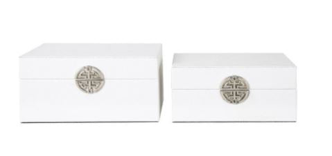 Set of Two White Faux Leather Storage Boxes with Silver Detail